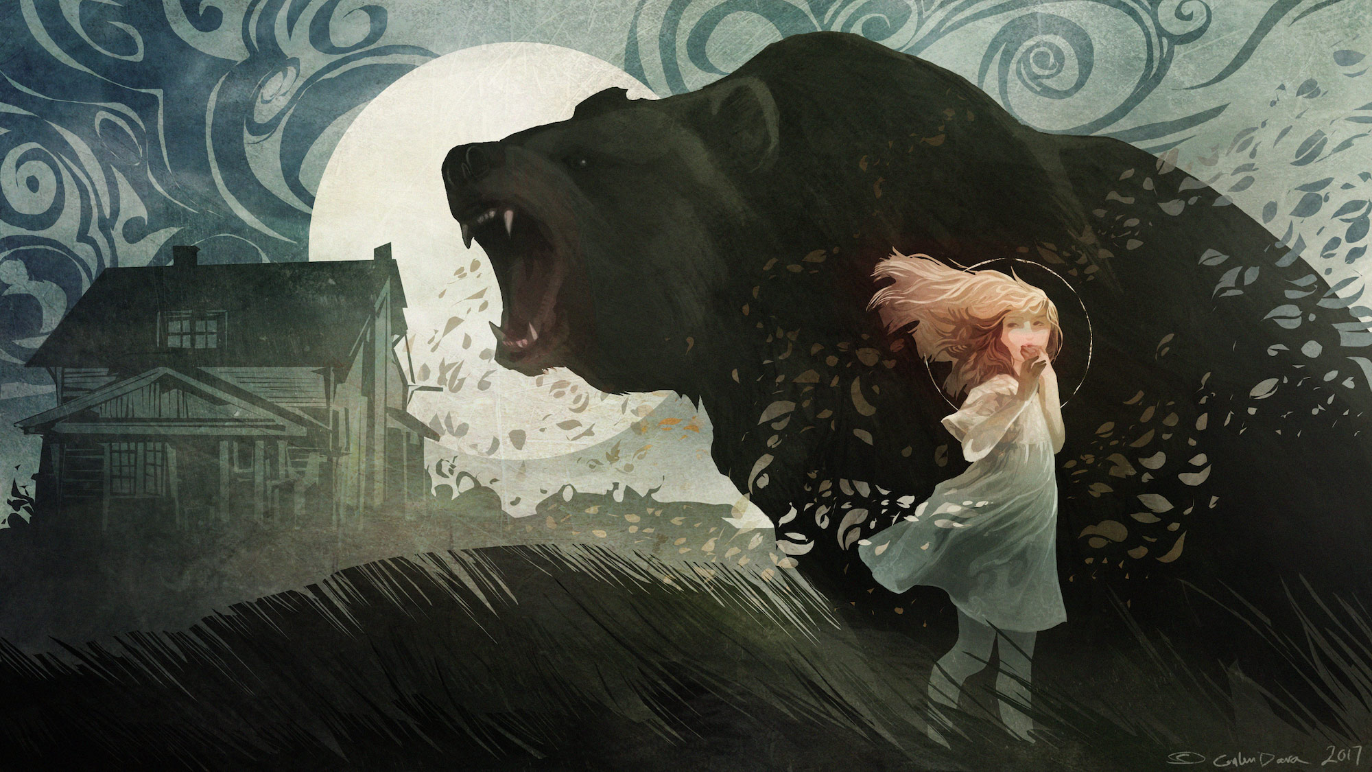 A young girl stands in front of a roaring bear. In the background is a slightly run down house and the moon, looming large above everything.