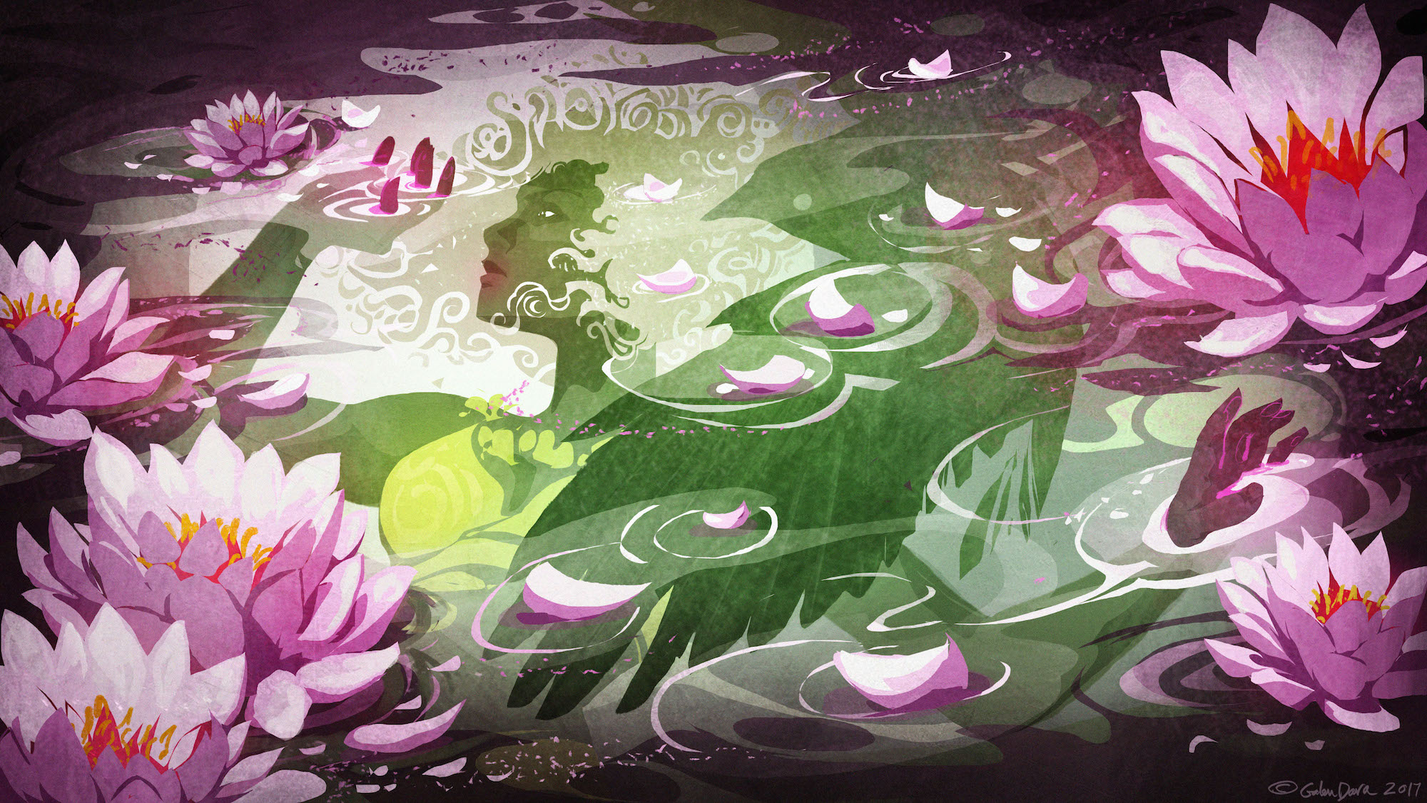 A teen girl floats beneath the surface of the water, surrounded by floating pink water lilies and overshadowed by the silhouette of a crow.