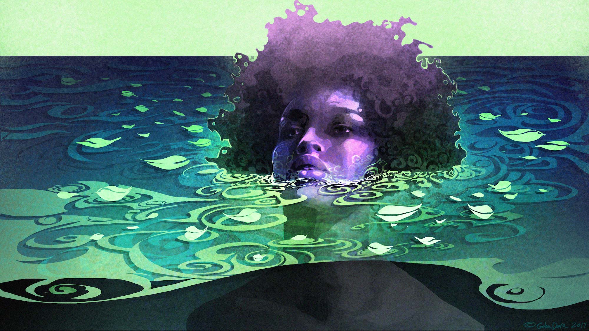 A young person with an afro is sitting in water up to their chin.