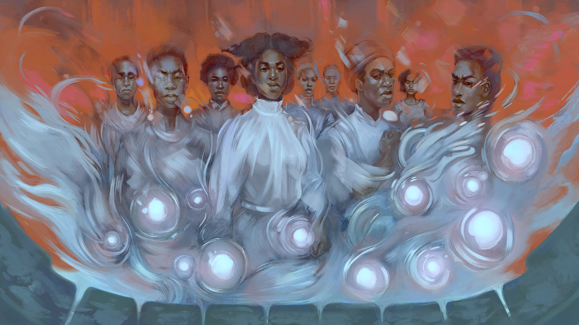 Nine ethereal Black people stand in defiance, surrounded by creepy dentures and luminous orbs.
