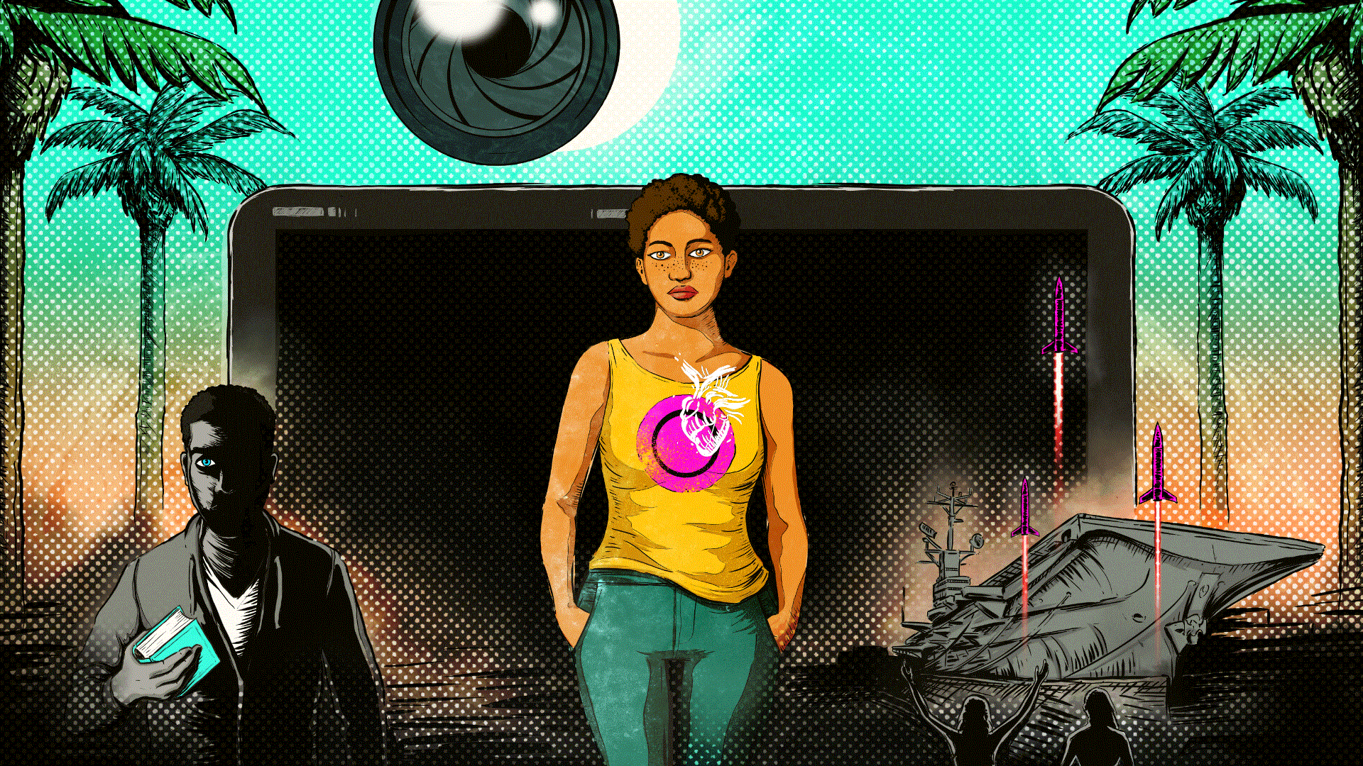 A woman with a short afro strides toward the viewer. An animation of a beating heart is superimposed on top of her figure. A cursor blinks in time with the heart.