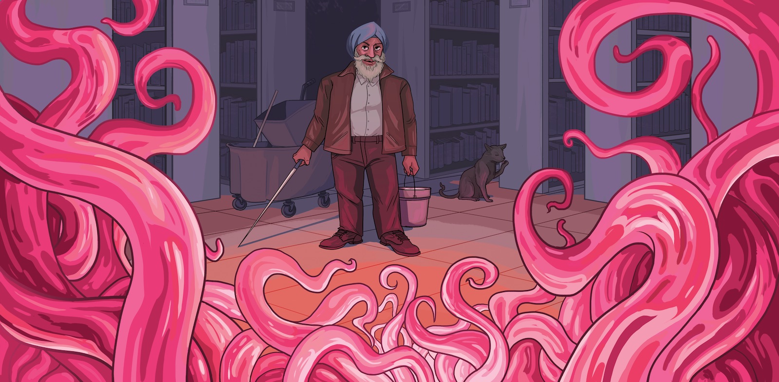 A man in a turban, holding a sword, stares down a many-tentacled beast. In the background, a cat nonchalantly licks its paw.