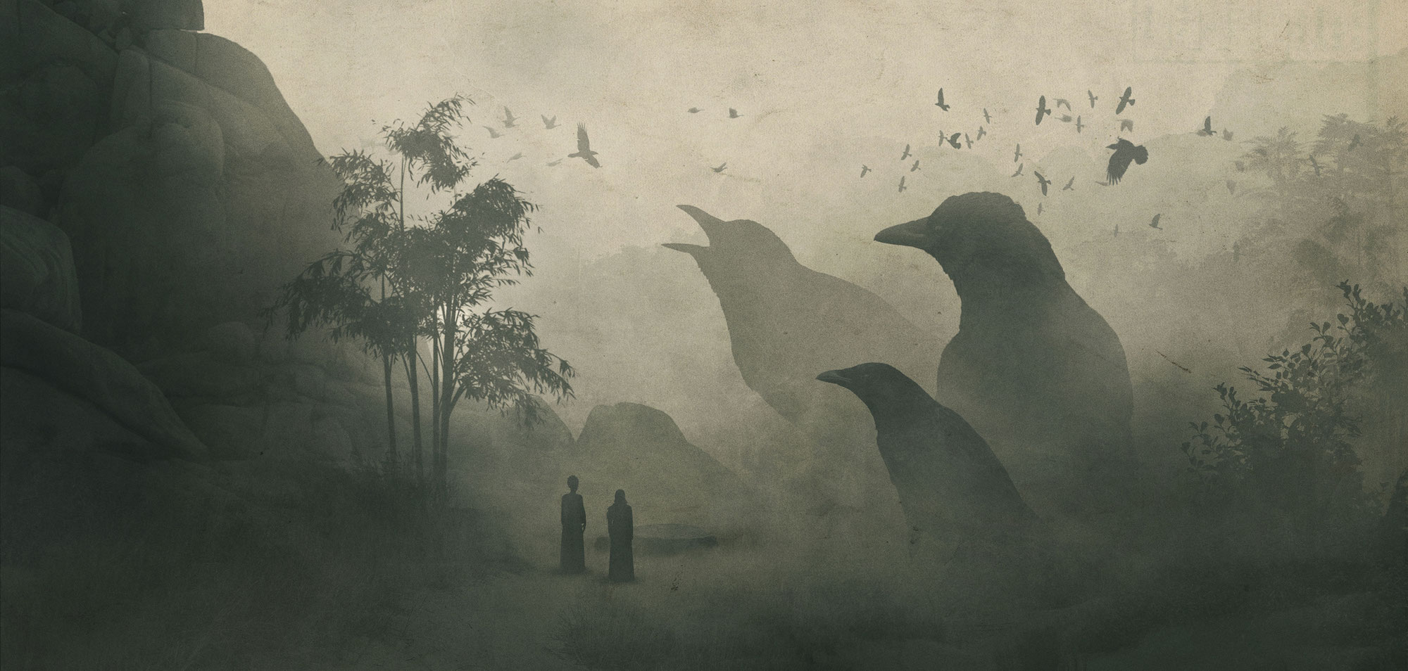 Two figures wait in the dark mist. Around them, crows. Lots of crows.
