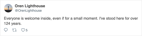 A tweet from Oren Lighthouse, which reads: I've been on the coast for 124 years. Even though I've lost my light, you should still stop by.